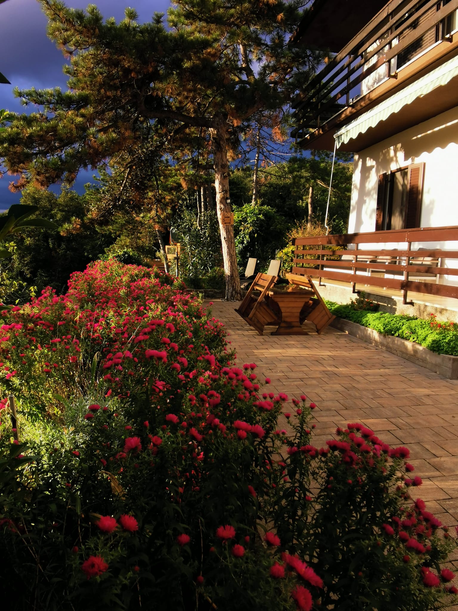 Front view of the house with flowers